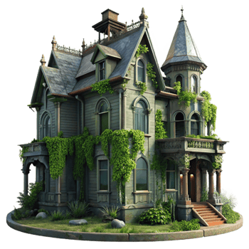 signature retro Abandoned Victorian mansion, overgrown with ivy, dimly lit interior, eerie mood, gothic horror style, original png