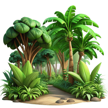 playful striking A lush tropical jungle, dappled sunlight filtering through the canopy, vibrant and detailed style fine detail png