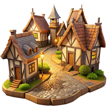 serene energetic abstract A medieval village with cobblestone streets and thatched roof cottages, warm afternoon light, fantasy art studio quality png
