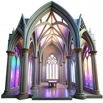 splendid dynamic creative Gothic cathedral interior, stained glass windows casting colorful light, ethereal atmosphere, Greg Rutkowski, high quality png