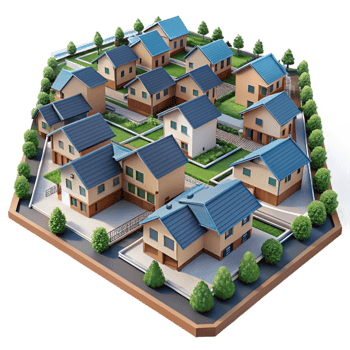 breathtaking impressionist A sprawling suburban housing development, aerial view, repetitive patterns, uniform architecture, sense of conformity and suburban sprawl detailed png