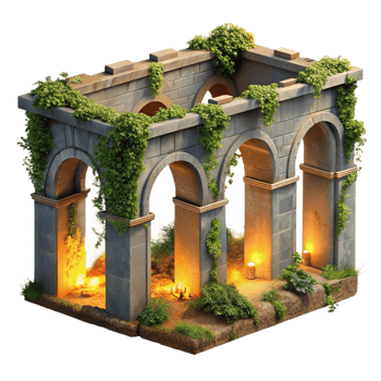memorable elegant A crumbling Roman aqueduct, overgrown with vegetation, golden hour lighting, historical illustration style ultra HD png