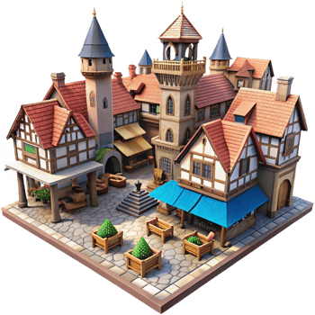 nostalgic beautiful A sprawling medieval city with cobblestone streets and half timbered houses, bustling market scene, midday sunlight detailed png