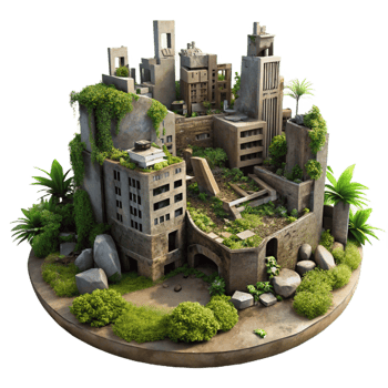 radiant renaissance Post apocalyptic city ruins overgrown with vegetation, muted colors, melancholic mood, matte painting style, high quality png