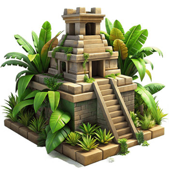 dramatic retro A crumbling Mayan temple overgrown with vibrant jungle foliage, dappled sunlight, hyperrealistic, intricate details, precision png