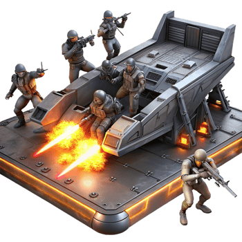 picturesque unparalleled A group of space pirates boarding a derelict spaceship, laser fire illuminating the chaotic scene. Dark, gritty lighting. Space opera style png