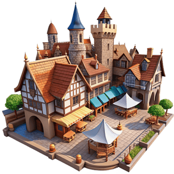 alluring calm minimalist A sprawling medieval city with cobblestone streets and half timbered houses, bustling market scene, midday sunlight luxury png