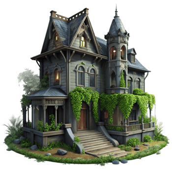 playful striking Abandoned Victorian mansion, overgrown with ivy, dimly lit interior, eerie mood, gothic horror style, perfect clarity png