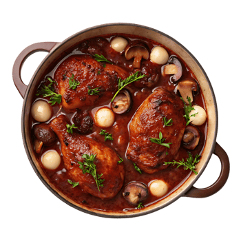 Delicious chicken stew with mushrooms and pearl onions. png