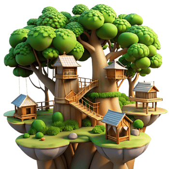 dazzling timeless Giant treehouse village connected by rope bridges, lush green foliage, dappled sunlight, fantasy art style, png