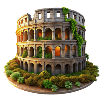 reflective beautiful A crumbling Roman colosseum overgrown with vegetation, dramatic sunset lighting, photorealistic style original png