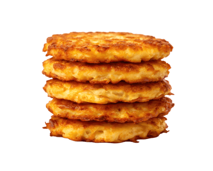 Stack of golden brown, crispy potato pancakes. Delicious fried food. png