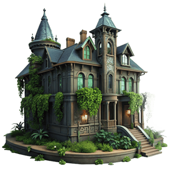 magnificent joyful victorian Abandoned Victorian mansion, overgrown with ivy, dimly lit interior, eerie mood, gothic horror style, 8K png