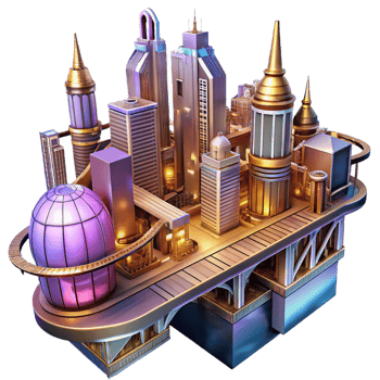 exceptional retro A steampunk cityscape, towering buildings of brass and glass, connected by intricate sky bridges, vibrant, neon lighting, cyberpunk influenced style crisp png