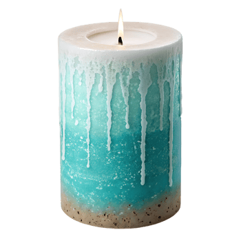 Teal and white dripped candle with sand base. png