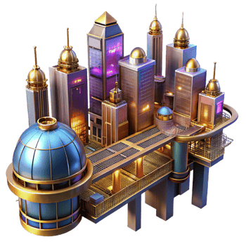 majestic harmonious art deco A steampunk cityscape, towering buildings of brass and glass, connected by intricate sky bridges, vibrant, neon lighting, cyberpunk influenced style 4K png
