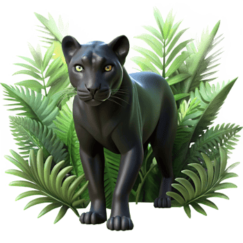 quintessential elegant A sleek black panther stalking through dense jungle foliage, dappled sunlight creating patterns on its fur, in a dramatic, chiaroscuro style luxury png