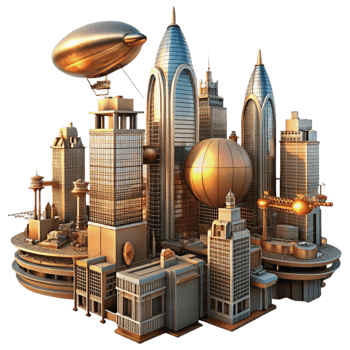 ethereal gorgeous A steampunk cityscape, towering buildings made of brass and glass, with airships flying overhead, bathed in the orange glow of a setting sun. Detailed, futuristic style flawless png