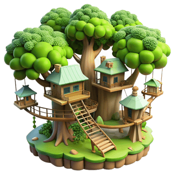 dazzling geometric Giant treehouse village connected by rope bridges, lush green foliage, dappled sunlight, fantasy art style, crisp png