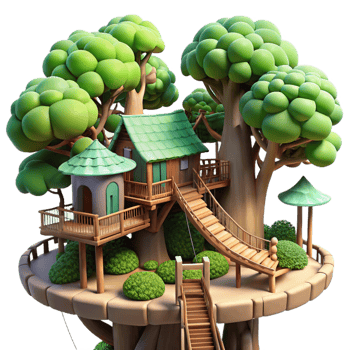 pristine urban A treehouse village interconnected by rope bridges, lush foliage, dappled sunlight, whimsical atmosphere, fantasy style, artisan png