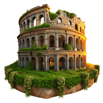 mysterious mesmerizing A crumbling Roman colosseum overgrown with vegetation, dramatic sunset lighting, photorealistic style exclusive png