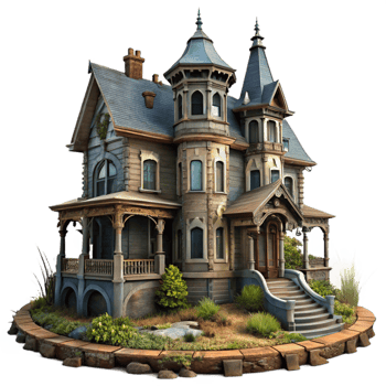 breathtaking modern A decaying Victorian mansion, peeling paint, overgrown gardens, overcast lighting, gothic atmosphere, horror style, perfect clarity png