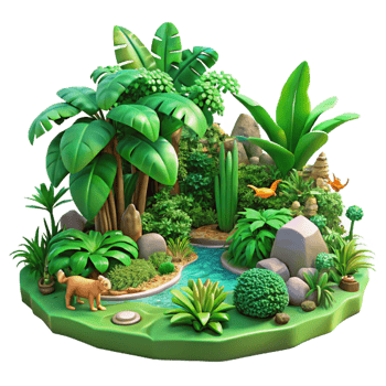 elegant unparalleled A lush green jungle with exotic plants and animals, vibrant colors, jungle style, detailed environment, png