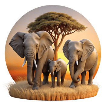 iconic elegant A family of elephants walking across the African savanna, warm sunset lighting, documentary photography style refined png