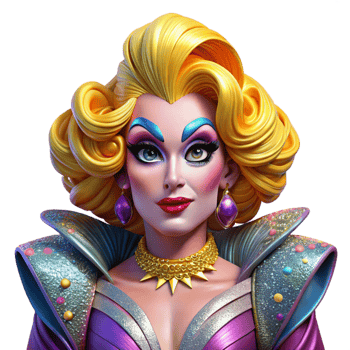 breathtaking romantic elegant Portrait of a flamboyant drag queen with extravagant makeup and a glamorous outfit, lit by bright stage lights, in a pop art style perfect clarity png