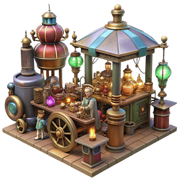 timeless futuristic A bustling steampunk marketplace, filled with vendors selling bizarre gadgets and automatons, illuminated by flickering gas lamps and colorful electric lights refined png