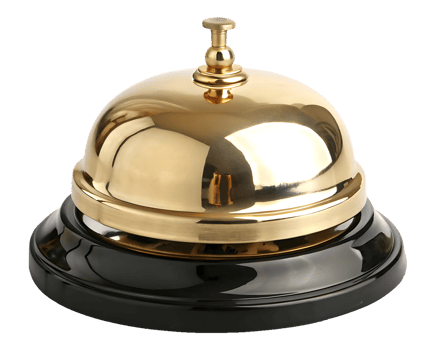 Gold service bell on black base. Reception, hotel, help. png