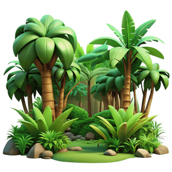 picturesque mid century A lush tropical jungle, dappled sunlight filtering through the canopy, vibrant and detailed style exclusive png