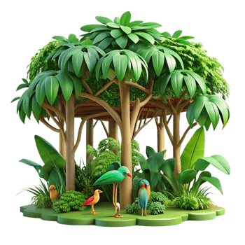 dramatic melancholic impressionist A lush, green rainforest canopy teeming with colorful, exotic birds, dappled sunlight filtering through the leaves, photorealistic style masterfully captured png