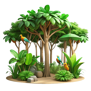 striking memorable A lush, green rainforest canopy teeming with colorful, exotic birds, dappled sunlight filtering through the leaves, photorealistic style png