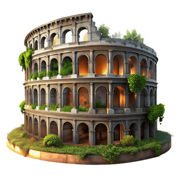 energetic fascinating A crumbling Roman colosseum overgrown with vegetation, dramatic sunset lighting, photorealistic style flawless png