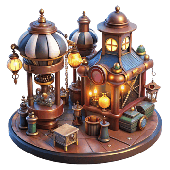 radiant timeless A bustling steampunk marketplace filled with vendors selling intricate gadgets and automatons, lit by colorful gas lamps and flickering lanterns. Dynamic lighting, Art Nouveau style png