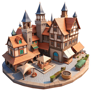 radiant art deco A sprawling medieval city with cobblestone streets and half timbered houses, bustling market scene, midday sunlight premium png