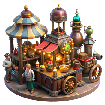 dramatic distinctive A bustling steampunk marketplace, filled with vendors selling bizarre gadgets and automatons, illuminated by flickering gas lamps and colorful electric lights png