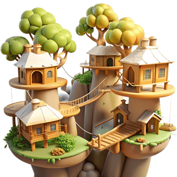captivating acclaimed A whimsical, treetop village connected by rope bridges, bathed in warm, dappled sunlight, whimsical illustration style png