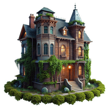quintessential modern A crumbling Victorian mansion, overgrown with ivy, moonlight, desaturated colors, painterly style, visible brick and peeling paint, fog rolling in exclusive png