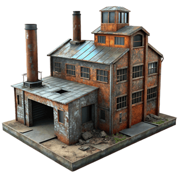 whimsical wonderful An abandoned industrial factory, rusted metal and broken windows, dim lighting, gritty realism, decaying urban landscape, post apocalyptic feel flawless png