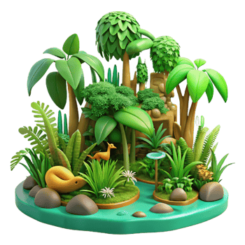 inspired abstract A lush green jungle with exotic plants and animals, vibrant colors, jungle style, detailed environment, fine detail png