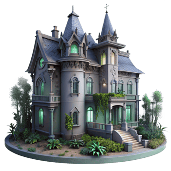 dramatic dreamy avant garde An abandoned Victorian mansion, overgrown with ivy, eerie moonlight, gothic horror style, photorealistic render genuine png