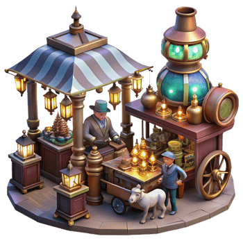 distinctive traditional A bustling steampunk marketplace, filled with vendors selling bizarre gadgets and automatons, illuminated by flickering gas lamps and colorful electric lights detailed png