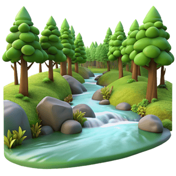 celebrated mid century A babbling brook flowing through a lush forest, long exposure, soft, diffused light, tranquil atmosphere, high resolution png