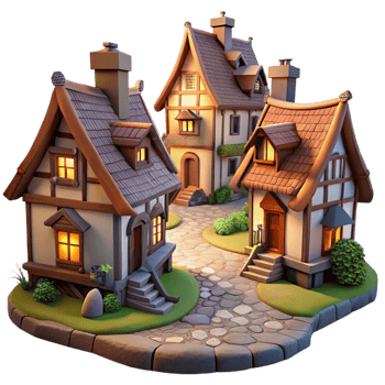 glorious celebrated A medieval village with cobblestone streets and thatched roof cottages, warm afternoon light, fantasy art png