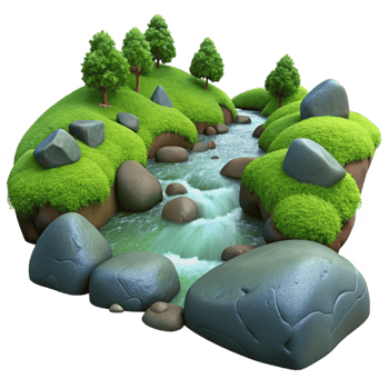 splendid ethereal baroque A babbling brook flowing through a forest, mossy rocks, tranquil and serene, long exposure, studio quality png