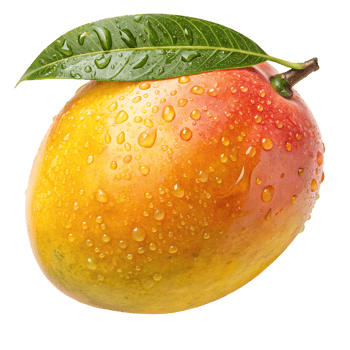 Juicy ripe mango with water droplets and leaf. png