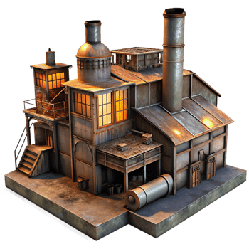 spectacular industrial An abandoned industrial factory, rusted metal, dim ambient lighting, dystopian atmosphere, grunge style, premium png