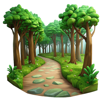 dramatic dynamic urban A winding path through a lush, green forest, dappled sunlight filtering through the canopy, Impressionist painting style sharp png
